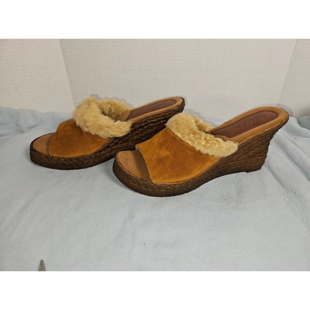 Sbicca Light Brown Suede Faux Fur Trim Platform Wedge Mules Open Toe 9 NWOB